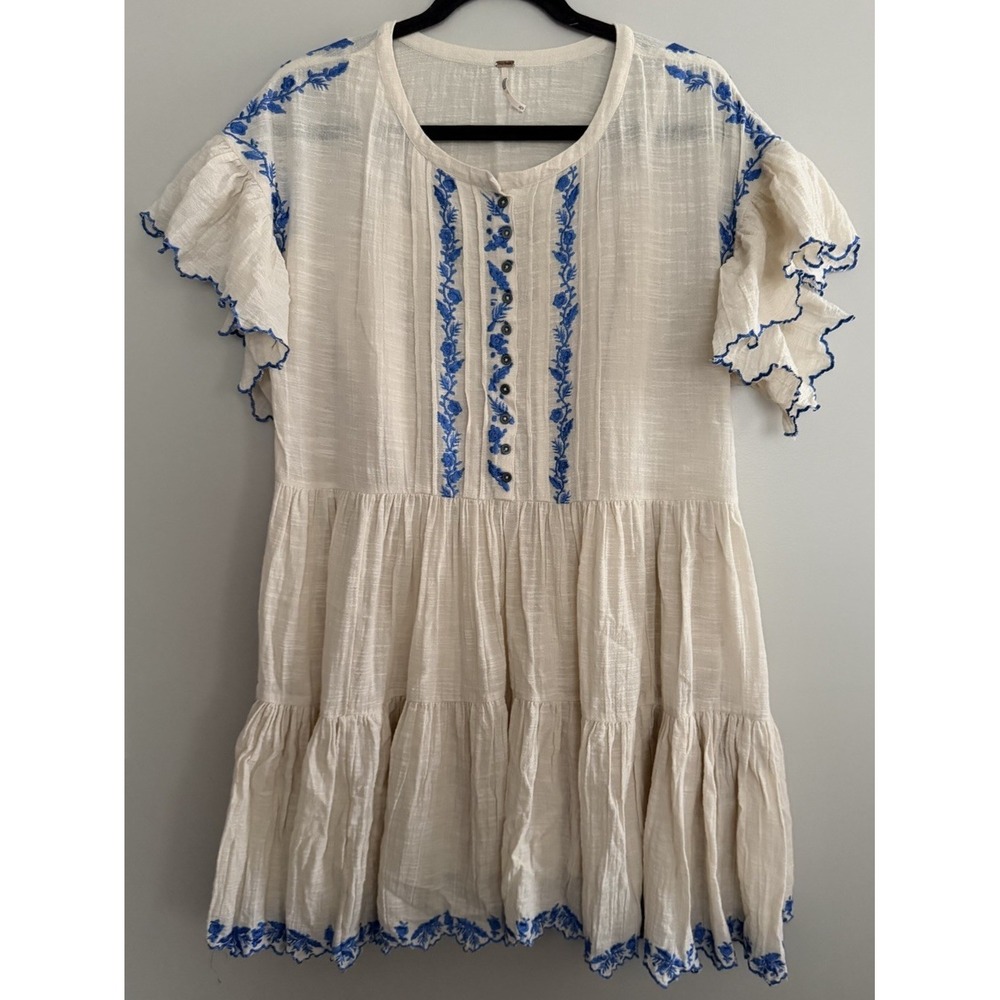 Free People Santiago Embroidered Boho Mini Dress Ivory and Blue‎ Size Medium